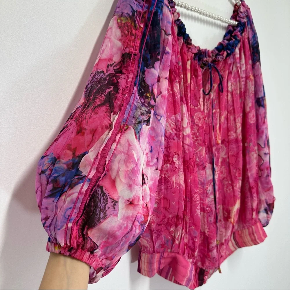 Roberto Cavalli Off the Shoulder 100% Silk Peasant Blouse in Pink and Blue